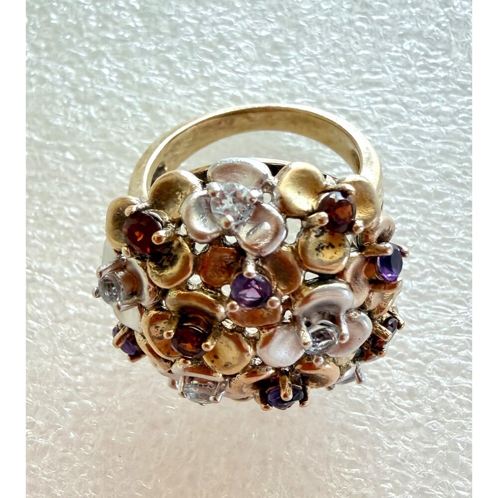 PAJ 925 Sterling Silver Gold Plated Multi Gemstone Floral Dome Ring
